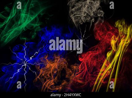 Smoke plume digital artwork design multi-coloured colored abstract image on black background for vivid impact multiple uses can rotate or flip image Stock Photo