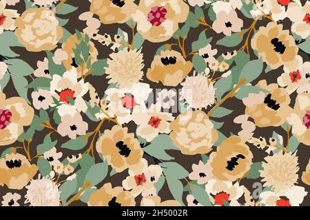 Beautiful autumn floral seamless pattern in warm orange color. Chintz print with wildflowers. Stock Vector