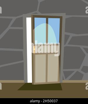 Open up door. Simple and flat style. Inside view from the dark room of house. Stone wall. Cartoon cute fairy tale design. Image background. Vector Stock Vector