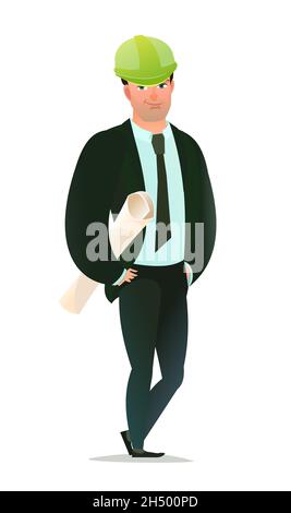 Man engineer in suit and protective helmet. Office guy at construction site. Cheerful person. Standing pose. Single Character cartoon comic style Stock Vector