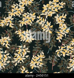 dark seamless pattern with bright autumn leaves Stock Vector