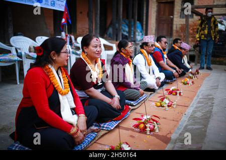 Lalitpur, Bagmati, Nepal. 5th Nov, 2021. People take part in a mass Mha: Puja meaning worshipping oneself or body at Khokana of Lalitpur District of Nepal. Mha: Pooja is conducted on fourth day of five days Tihar festival in Nepal especially by Newa: community. Credit: Amit Machamasi/ZUMA Wire/Alamy Live News Stock Photo