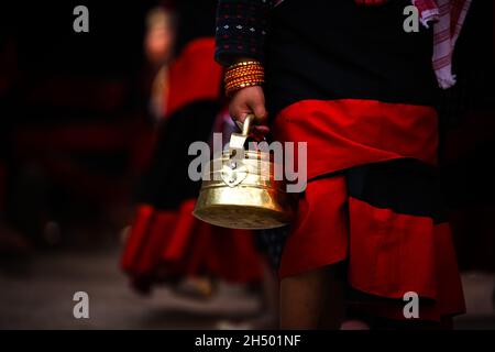 Lalitpur, Bagmati, Nepal. 5th Nov, 2021. Girls in a traditional attire during a parade of Nhu Dan (the Newari New Year), which falls on Tihar or Deepawali and Dewali Festival of Lights at Khokana, Lalitpur, Nepal on Friday, Nov 5, 2021. Credit: Amit Machamasi/ZUMA Wire/Alamy Live News Stock Photo