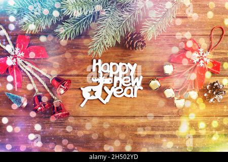 Christmas composition. Frame made of pine branches , Flat lay, top view, copy space Stock Photo