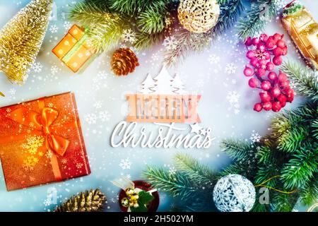 Christmas composition. Frame made of pine branches , Flat lay, top view, copy space Stock Photo