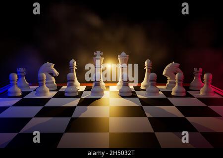Chessboard game concept of business ideas and competition and strategy ideas concept. Chess figures on a dark background with smoke and fog. 3d render Stock Photo