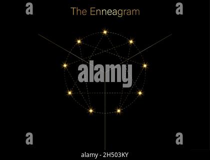 Enneagram icon, golden luxury sacred geometry, diagram logo template, one to nine concerning the nine types of personality, gold dashed line style Stock Vector
