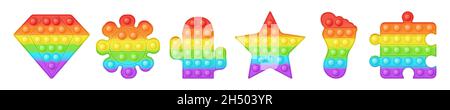 Set of various forms pop it a fashionable rainbow fidget toys. Addictive anti stress toy in bright colors. Bubble sensory trendy popit for kids. Vecto Stock Vector