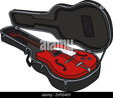 Hand drawing of the classical red electric guitar in a black hard case Stock Vector