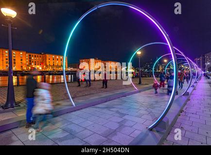 Liverpool River of Light lightshow around the pierhead and Albert Dock. Stock Photo