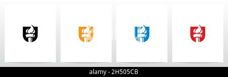Fire Torch On Letter Logo Design U Stock Vector