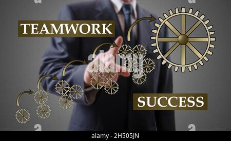 Teamwork success concept shown by a businessman in background Stock Photo