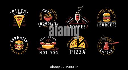 Food and drink set of labels on black background. Decoration for restaurant or cafe menu Stock Vector