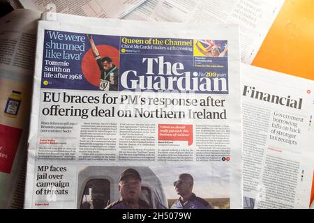 'EU braces for PM's response after offering deal on Northern Ireland' front page Guardian newspaper headline 14 October 2021 London UK Great Britain