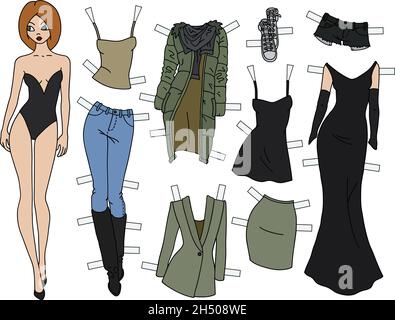 Redhead paper doll with cutout clothes Royalty Free Vector