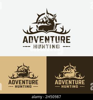 Deer Antler Compass Mountain for Adventure Outdoor Hiking Camping Hunting Sport Gear Business Brand Community Club Classic Unique Hipster Retro Rustic Stock Vector