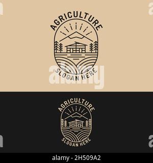 Farm Field with Cottage House and Mountain in Line Style Logo Design Template. Suitable for Agriculture Farming Business Brand Company Corporate Town Stock Vector