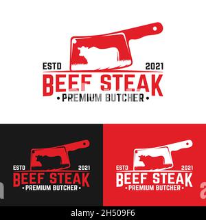 Meat Knife with a Symbol of Cow. Suitable for Butchers Butchery Deli Beef Meat Shop Market Vintage Hipster Retro Logo Design Template.