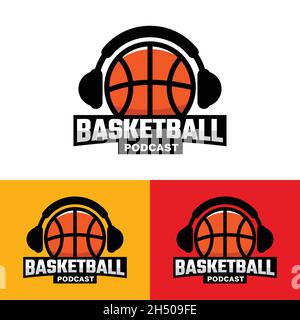 BasketBall with Headphone Logo Design Template. Suitable for Basketball Sport Streaming Podcast Broadcast Radio Channel Business Brand Simple Modern Stock Vector