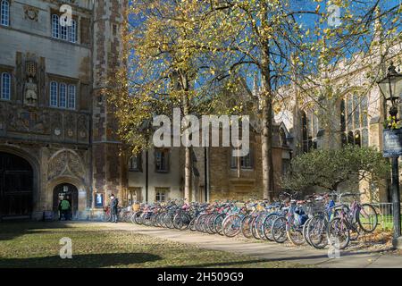 Line of bicycles neatly parked outside Trinity college, Cambridge university, England. Stock Photo
