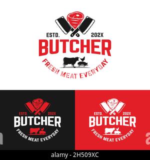 Meat Knife with Meat and Symbol of Cow Pork Chicken. Suitable for Butchers Butchery Deli Beef Meat Shop Market Vintage Hipster Retro Logo Design Stock Vector