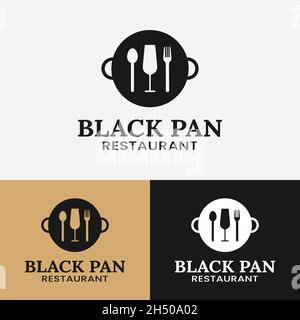 Vintage Pan with Glass Spoon Fork for Restaurant Logo Design Template. Suitable for Restaurant Bar Kitchen Cafe Catering Business Brand Company Etc. Stock Vector