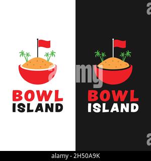 Island Illustration in a Bowl Logo Design Template. Bowl with Fried Rice or Beach Sand with Red Flag and Palm Tree. Suitable for Restaurant Cafe Etc. Stock Vector