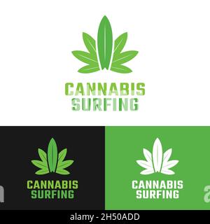 Cannabis Leaves with Surfing Board Logo Design Template. Cannabis Hashish Weed Marijuana Hemp is a psychoactive drug from the Cannabis plant. Stock Vector