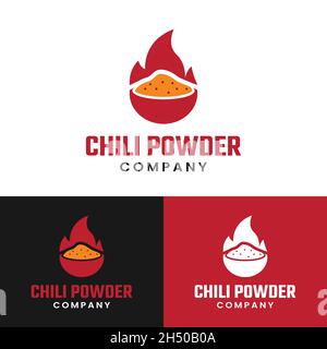 Chili Powder in a Bowl with Flaming Flat Logo Design. a spice blend made from ground dried chiles and a number of other spices. Stock Vector