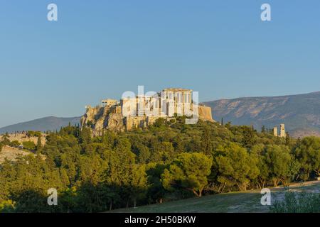 low angle view of the Acropolis in Athens, Greece Stock Photo