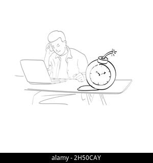 line art businessman working in stress on laptop computer with bomb of deadline illustration vector isolated on white background Stock Vector