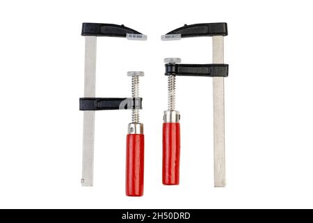 Two carpentry clamps with red wooden handles isolated on white background with a clipping path. Stock Photo