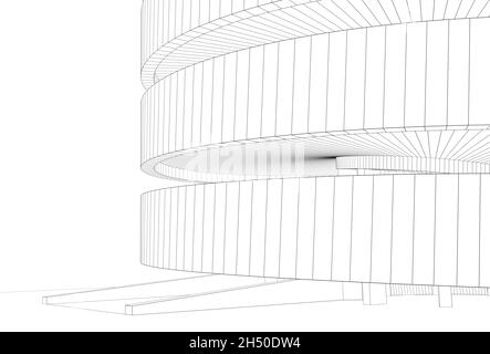 Outline wire frame model of a round tower isolated on white background, 3d rendering illustration Stock Photo