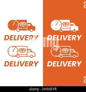 Delivery Truck with Clock Timer in Two Style Line and Solid Logo Design Template. Suitable for Quick Fast Delivery Shipping Cargo Freight Distribution Stock Vector