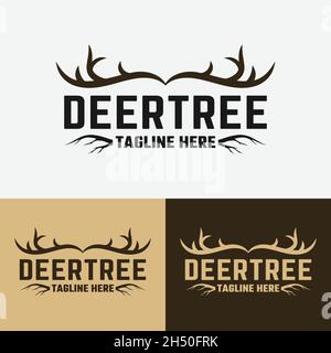 Vintage Deer Antler and Tree Root Badge Emblem Logo Design Template. Suitable for Hunting Outdoor Adventure Hiking Camping Sport Business Brand Etc. Stock Vector