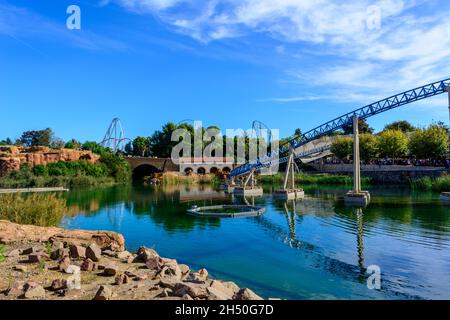 PORT AVENTURA, SPAIN - october 31, 2021. Attractions of the theme park Port Aventura. City of Salou, Catalonia, Spain. Stock Photo