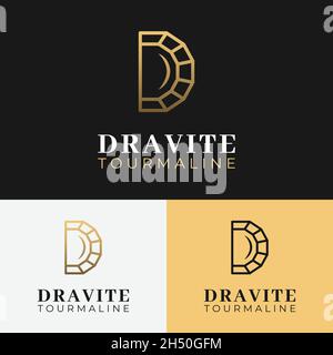 Letter Initial D Dravite Tourmaline Line Linear Logo Design Template. Letter D Gemstone for Crystal Diamond Ruby Topaz Jade Opal Sapphire Turquoise. Stock Vector