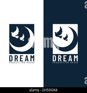 Crescent Moon with Flying Dove for Production House Logo Design Template. Suitable for Movie Film Motion Video Production Cinematography Studio Cinema Stock Vector