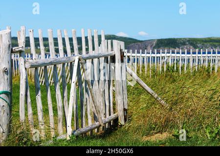 An open gate in an old, wooden fence made from sticks and logs. Stock Photo
