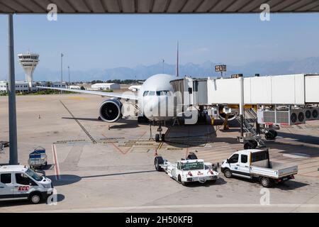 Kemer, Turkey - 08. 28. 2021: Maintainance unit preparing The Airbus boeing for flight on International Turkey Airport. Plane for 615 passengers is bi
