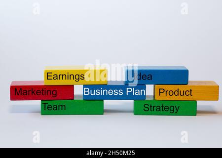 colorful blocks with the words: Business Plan, Idea, Product, Strategy, Team, Marketing, Earnings, are isolated against a white background with space Stock Photo