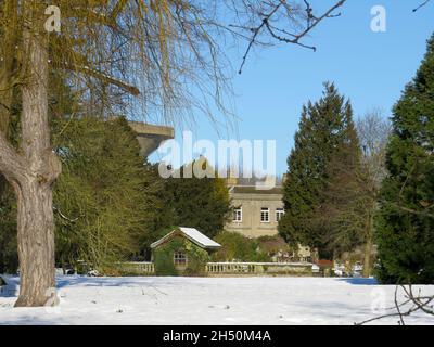 A country house and its snow covered grounds on London Road on a sunny winters day in BOSTON Lincolnshire, Stock Photo