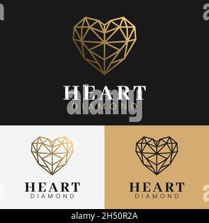 Luxury Heart Diamond Glass in Line Linear Logo Design Template. Heart Glass Gemstone for Crystal Diamond Ruby Topaz Jade Opal Sapphire Turquoise Onyx. Stock Vector