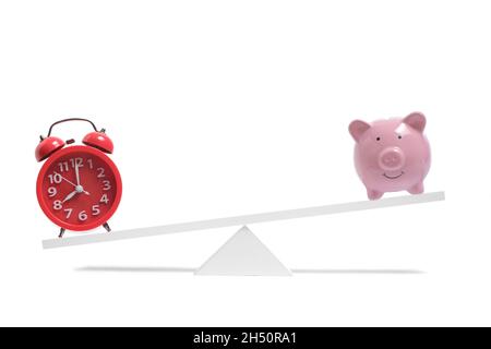 Red alarm clock on scales outweighs piggy bank.Isolate on a white background Stock Photo