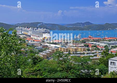 Cruise ships moored in the Charlotte Amalie harbour / port on the island Saint Thomas, United States Virgin Islands, Lesser Antilles, Caribbean Sea Stock Photo