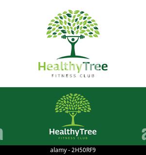 Abstract Healthy Tree with Barbell Logo Design Template. Suitable for Natural Tree Business or Fitness Gym Body Builder Logo Design. Stock Vector