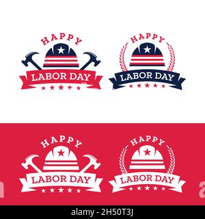 Happy Labor Day Logo Design. Labor Day with Construction Helmet and Hammers. Vintage Retro Hipster Logo Design Template. Stock Vector