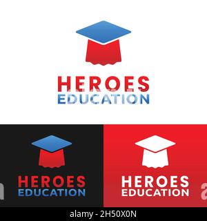Hero Cloak and Graduation Cap for Brave Strong Smart Hero Heroes Superhero Education School Academy College University Simple Flat Logo Design. Stock Vector