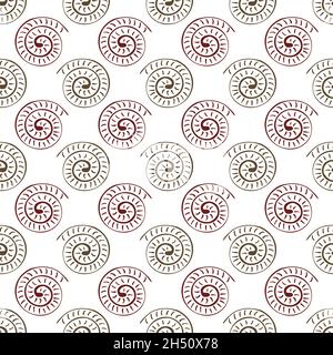 Ammonite vector seamless pattern background. Hand drawn ribbed spiral-form shell cephalopod fossil. Red brown white backdrop.Extinct ancient marine Stock Vector