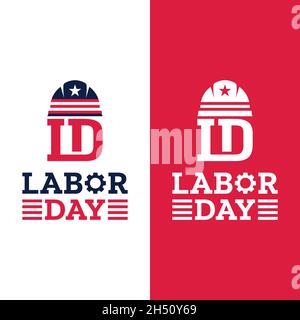 Happy Labor Day Logo Design. Letter Monogram LD for Labor Day with Construction Helmet. Vintage Retro Hipster Logo Design Template. Stock Vector